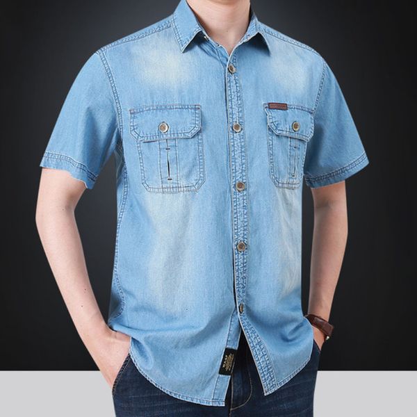 Camisas casuales para hombres Camisa con bolsillos casuales Hombres Slim Jeans Camisetas Hombres Tops de verano Camisas de mezclilla para hombres de alta calidad Manga corta Algodón fino MY422 230516