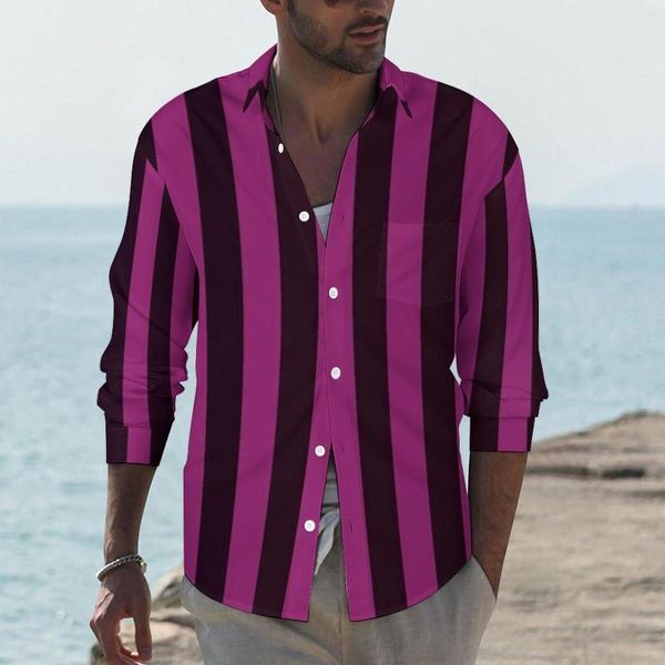 Chemises décontractées pour hommes chemise rayée rose cerise hommes rayures verticales automne Y2K Blouses graphiques à manches longues Vintage vêtements surdimensionnés