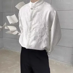 Chemises décontractées pour hommes broderie chinoise col montant bouton chemise à manches longues lâche haute rue simple hommes hauts vêtements masculins