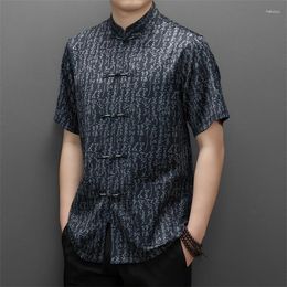 Chemises décontractées pour hommes Chemise en soie de glace chinoise Tang Boutons exquis Manches courtes Tops amples 2023 Rétro Zhongshan Costume