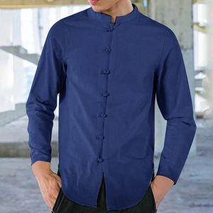 Camisas casuales para hombres Botón de nudo chino para hombre Jerseys de color sólido de gran tamaño de manga larga camisa de vestir transpirable masculino cuello alto hombre camisas