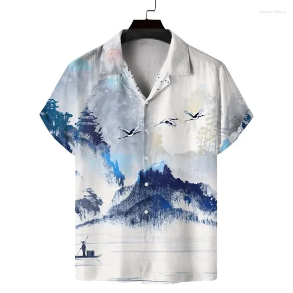 Chemises décontractées pour hommes Chemise de peinture de paysage chinois 3D imprimé la grande muraille lac revers manches courtes boutonné chemisier d'été vêtements