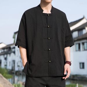 Chemises décontractées pour hommes chemise chinoise Taiji Tang hauts demi-manches coton lin été couleur unie sweat respirant