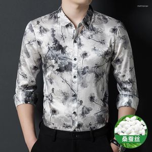 Casual shirts voor heren Chinese stijl 3D-print Silk Dress Men Shirt High-End Long Sleeve Spring Quality Smooth Comfortabele Loose Camisa