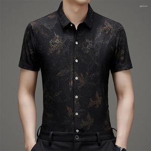 Chemises décontractées pour hommes Style chinois Black Floral Broidery Silk Silk Short Sleeve Jacquard Shirt Oversize Blouse Tops