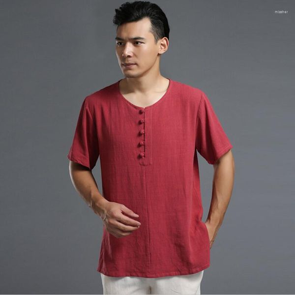 Chemises décontractées pour hommes Style chinois Marque Coton Lin Homme Grande Taille Chemise à manches courtes Noir Bleu Rouge Blanc Blouse Plus M-6XL