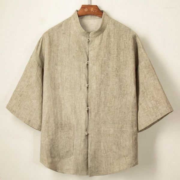 Chemises décontractées pour hommes Style chinois coton lin chemise veste Tang à manches courtes haut couleur unie traditionnel grande taille 4XL