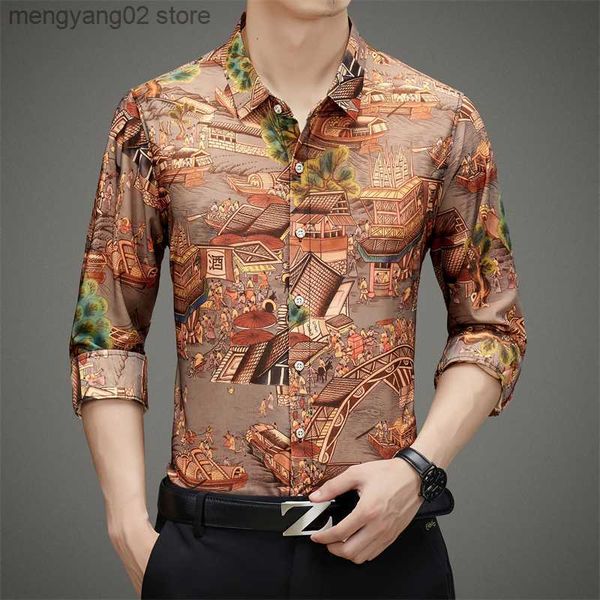 Camisas casuales de los hombres Estilo chino Imprimir Camisa de los hombres Moda de otoño Personalizada Slim Fit Camisas de manga larga Hombre Casual Oficina de negocios Blusa diaria T230714