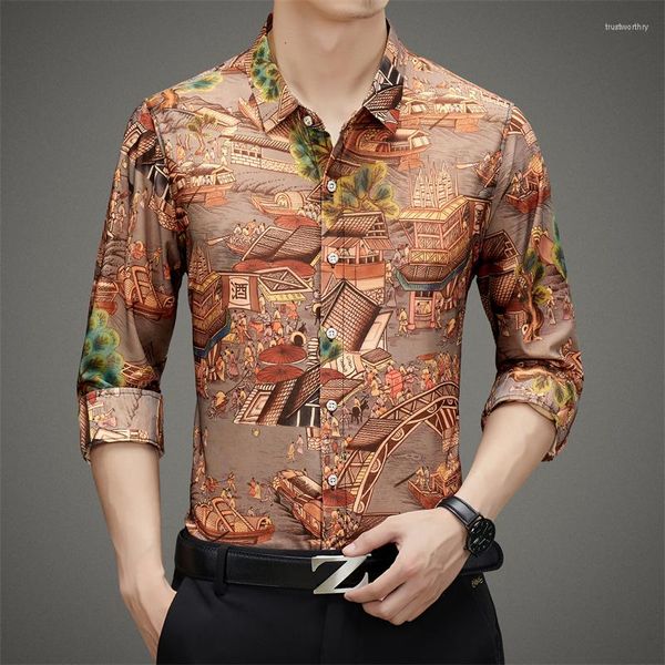 Camisas informales para hombre, camisa con estampado de estilo chino para hombre, moda de otoño, blusa ajustada personalizada de manga larga para hombre, blusa de oficina de negocios para uso diario