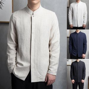 Camisas casuales para hombres Estilo chino Retro Jacquard Algodón Camisa de lino Cuello alto Tradicional Sólido Hanfu Manga larga Traje Zen Top