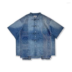 Camisas informales para hombre, camisa vaquera fina de manga corta con cuello levantado de estilo chino, suelta y transpirable