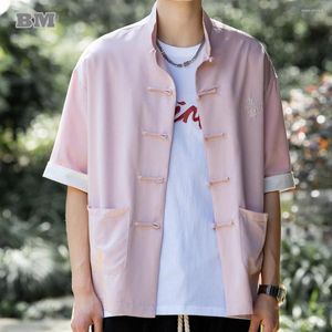 Casual shirts voor heren Chinese stijl zomertekst borduurwerk korte mouw shirt mannen los vintage dunne tang suit plus size hanfu top kleding