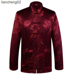 Chemises décontractées pour hommes chinois traditionnel hommes Satin col Mandarin Dragon soie Tang costume vêtements Kung Fu veste manteau W0328