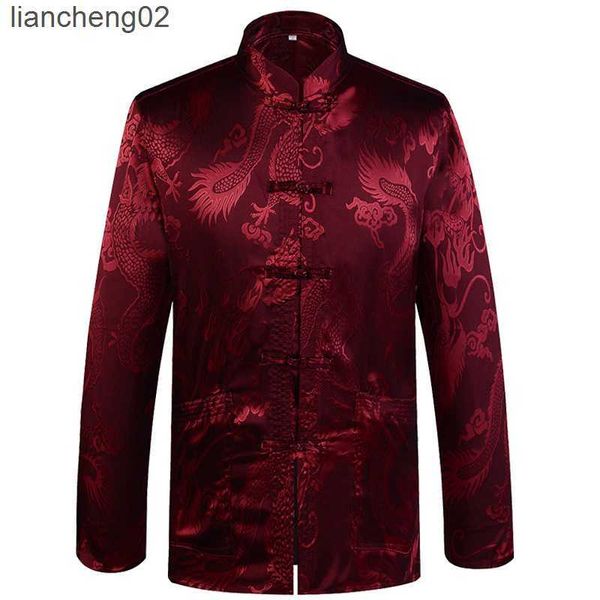 Camisas informales para hombre, traje chino tradicional chino de satén con cuello mandarín, traje Tang de seda de dragón, ropa, chaqueta de Kung Fu, abrigo W0328