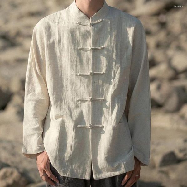 Camisas casuales para hombres Chino tradicional Tai Chi y blusas Traje Tang Uniforme Camisa de lino de color sólido Ropa masculina