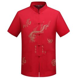 Chemises décontractées pour hommes chinois traditionnel Tang vêtements haut col mandarin Wing Chun vêtement à manches courtes broderie Dragon Sh246b