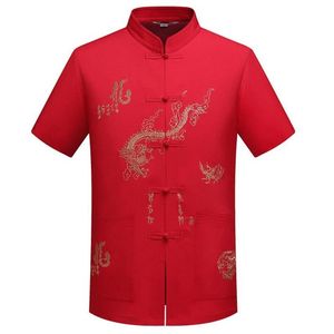 Camisas casuales para hombres Ropa tradicional china Tang Top Mandarin Collar Wing Chun Ropa Manga corta Bordado Dragón SH246B