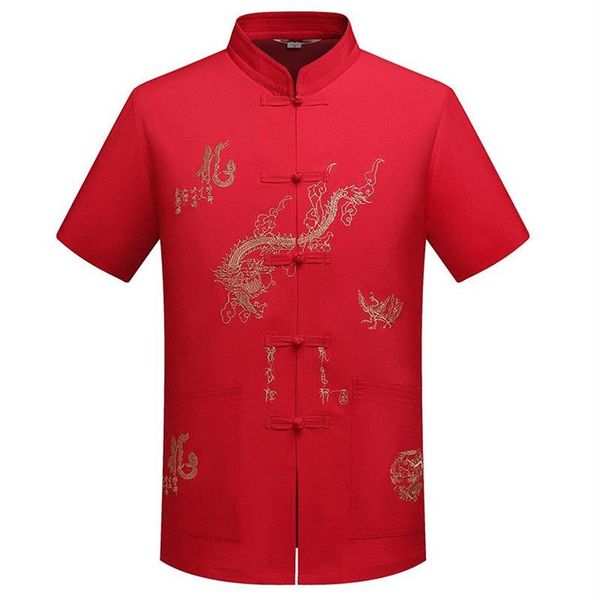 Camisas casuales para hombres Ropa tradicional china Tang Top Mandarin Collar Wing Chun Ropa Manga corta Bordado Dragón Sh268S