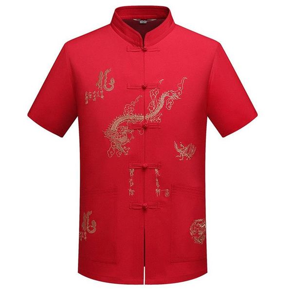 Camisas casuales para hombres Ropa tradicional china Tang Top Mandarin Collar Wing Chun Ropa Manga corta Bordado Dragón Sh2090