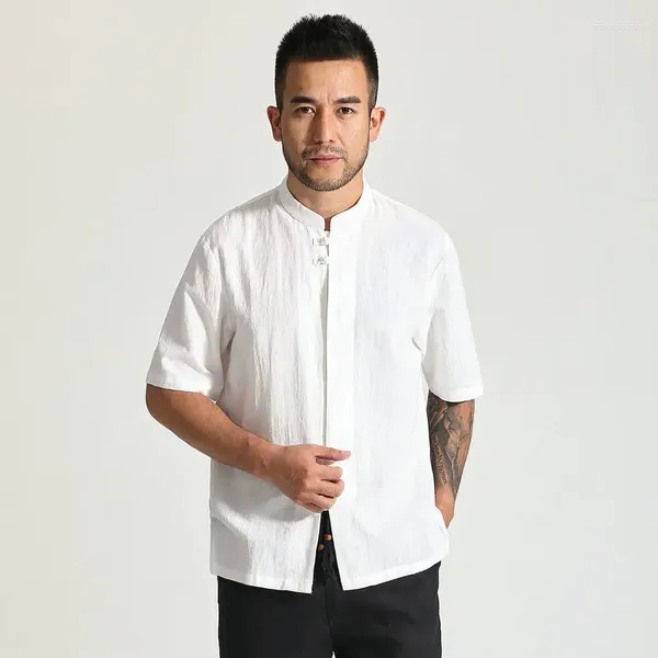 Camisas casuales para hombres Estilo vintage chino Hombres Lino Blanco Negro Azul Manga corta Tops Mandarin Collar Camisa Masculina Ocio Ropa acogedora 2024