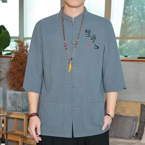 Casual shirts voor heren Chinese wind katoen en linnen tekst borduurwerk herenhemd grote literaire Harajuku retro tangpak Zen kostuum