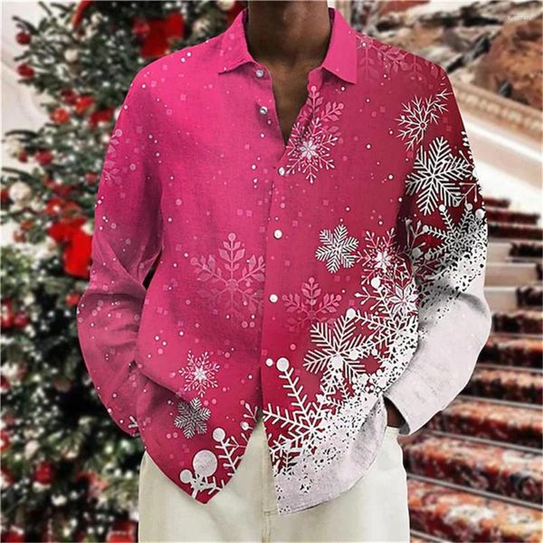 Chemises décontractées pour hommes Chemise de Noël Motif de flocon de neige Bouton d'impression 3D Col Polo Manches longues Père Noël Haute Qualité Top 6XL