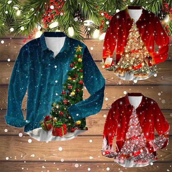 Camisas casuales para hombres Árbol de Navidad Impreso Camisa de manga larga Fiesta Botón abajo Diseñador para hombre Moda grande y alto