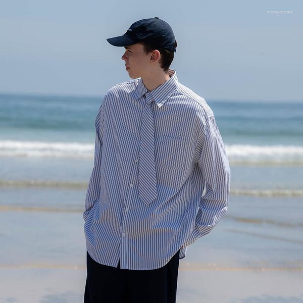 Camisas informales para hombre Cityboy Tie Hombres Japón Ropa de calle coreana Moda Juvenil Suelta Manga larga Raya Hombre Vestido Blusas
