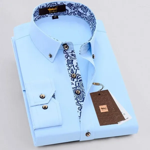 Chemises décontractées pour hommes Coton Coton Men de manche à manches longues pour affaires Robe à col en porcelaine blanche bleue mode