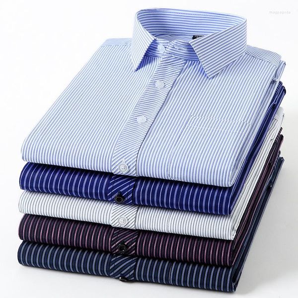 Camisas casuales para hombres clásico de manga larga vestida de rayas básicas de un solo parche de bolsillo formal