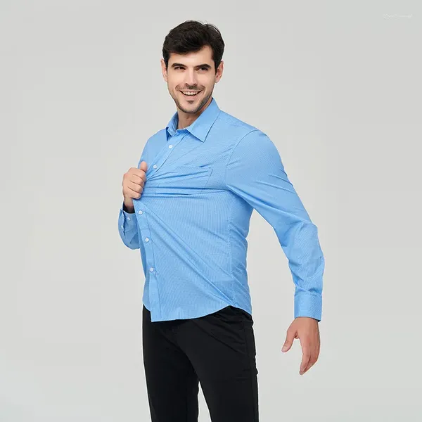 Camisas informales para hombre, ropa madura, moda a cuadros, camisa elástica de manga larga de una pieza, blusa estampada de negocios para otoño