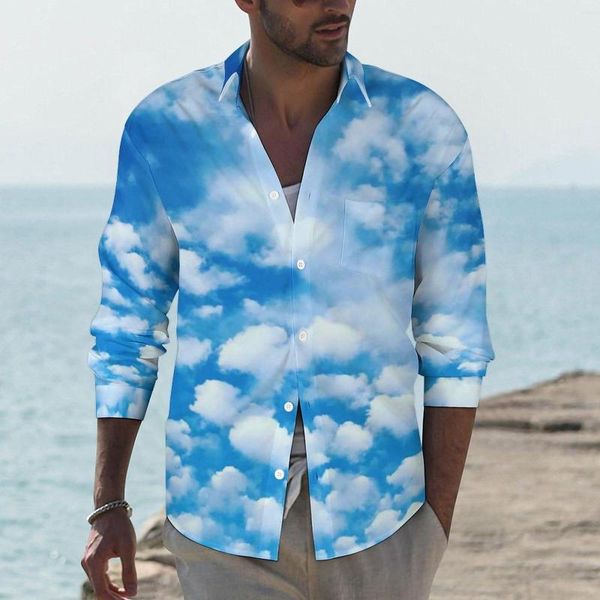 Camisas informales para hombre, camisa con máquina de nubes, blusas holgadas con estampado de cielo azul de otoño para hombre, blusas holgadas de manga larga con diseño de estilo urbano, Top de talla grande