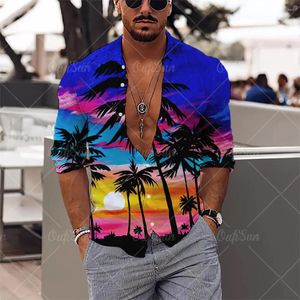 Chemises décontractées pour hommes Coconut Tree 3D Imprimer Mâle Chemise à manches longues Hawaïen Y2K Tops amples Revers Streetwear Respirant Confortable Cool