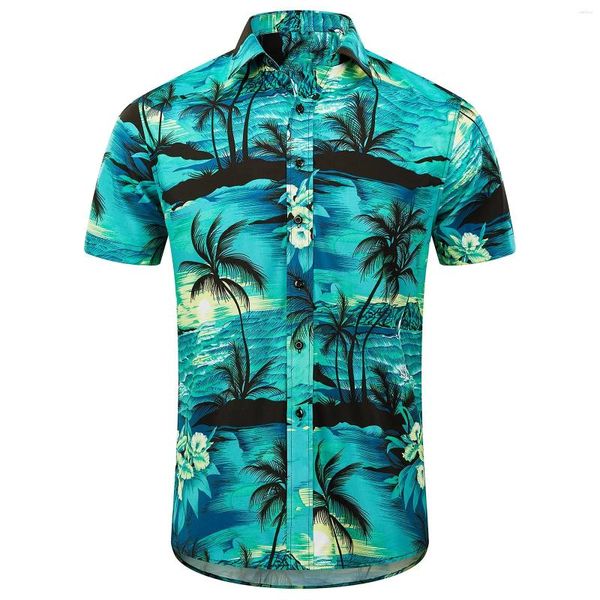 Camisas casuales para hombres Camisa hawaiana de árbol de coco Ropa Tops Camiseta con botones impresos en 3D Manga corta Vacaciones en la playa de gran tamaño