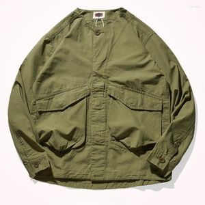 Camisas informales para hombre, moda sin cuello, camisa esmerilada Vintage japonesa para jóvenes, chaqueta hecha de ropa de trabajo multibolsillo lavada antigua