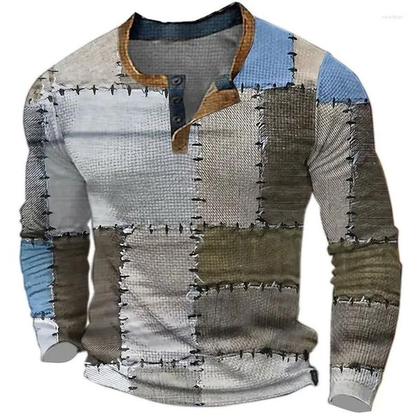 Chemises décontractées pour hommes Patchwork Henley 3D Vêtements imprimés Henley 3D Butage Butage à manches longues T-shirt t-shirts Tops