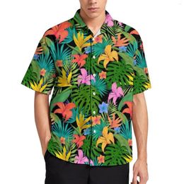 Camisas casuales para hombres coloridas flores brillantes de la camisa de vacaciones hojas de palma hojas de verano blusas retro retro de manga corta top 3xl 4xl