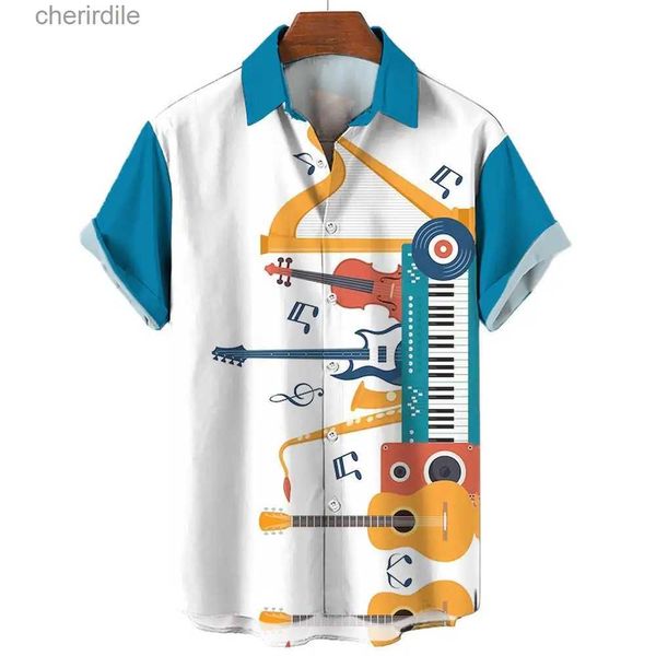 Chemises décontractées pour hommes Colorful Music Hawaii Mens 3D saxophone Guitare Imprimé Rock Shirt Breft à manches décontractées surdimensionnées surdimensionnées YQ240408