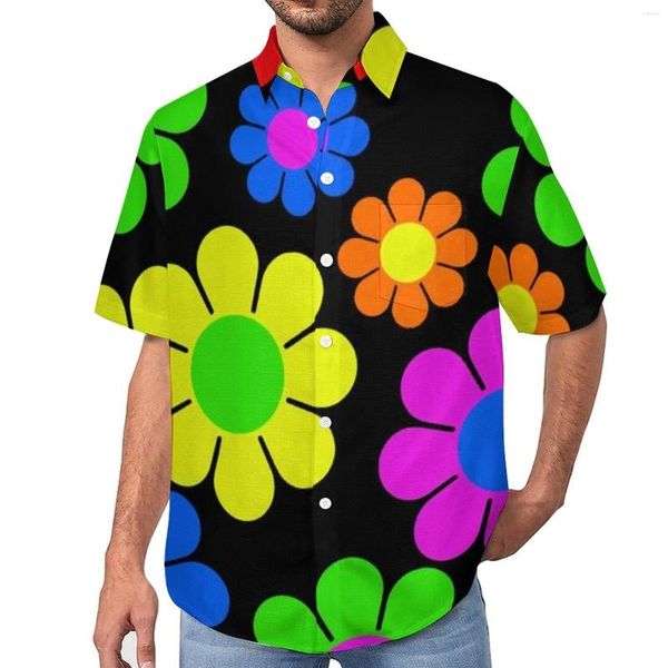 Camisas casuales para hombres Camisa de playa con estampado colorido de la paz Hippy Flower Daisy Hawaiian Men Cool Blusas Diseño de manga corta Top Tamaño grande