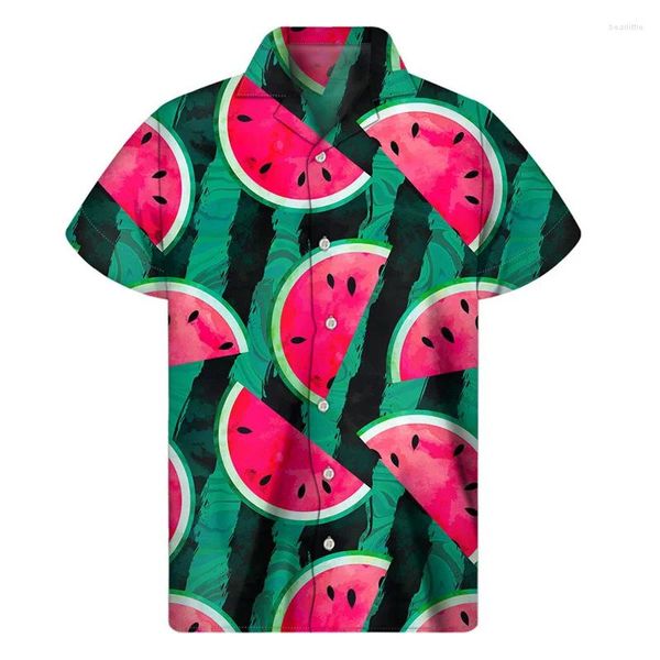 Chemises décontractées pour hommes Chemise hawaïenne graphique de pastèque colorée Tops d'été Manches courtes 3D Bouton de fruits imprimés Hommes Vêtements Blouse à revers