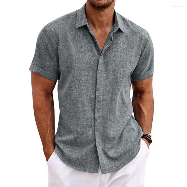 Chemises décontractées pour hommes Chemise confortable pour hommes Lin élégant revers à manches courtes coupe ample couverture fine avec boutons de couleur unie