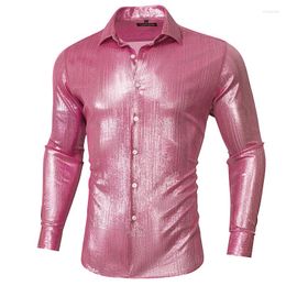 Chemises décontractées pour hommes corail rose hommes chemise en soie mode à manches longues tissé col rabattu Fit cadeaux de fête homme marié mariage Barry.Wang
