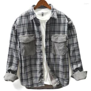 Camisas informales para hombre, camisa de pana, manga completa, diseño de bolsillo de parche grueso, panel a cuadros para hombre con botones