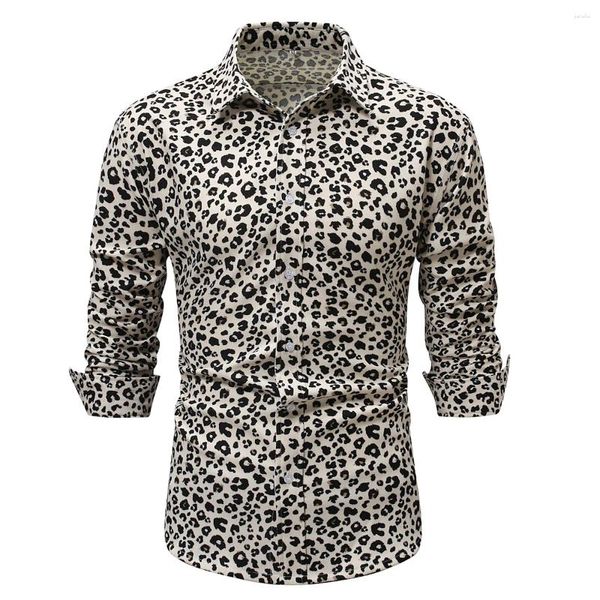 Camisas casuales para hombres Pana Blanco Leopardo Estampado Hombres Vestido Otoño Invierno Blusa Cálida Masculina Diaria Social Diseñador Fiesta Clubwear Chemise