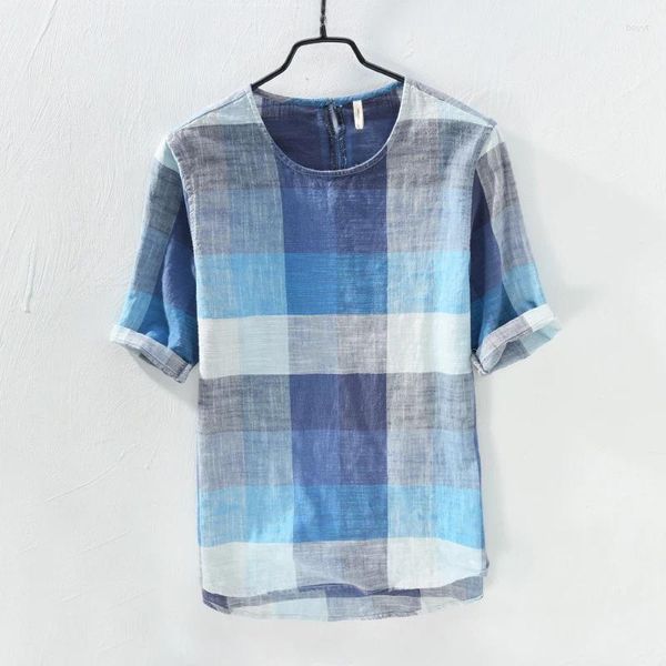 Camisas casuales para hombres Algodón y lino suelto Retro Plaid Camisa de moda Manga corta Verano Azul para hombres Tops Camisa