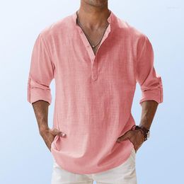 Casual shirts van heren katoen henley los fit gewoon shirt lange mouw strand camisas y blusas 5xl band kraag roze yoga tops