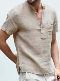 Camisas informales para hombre, blusa de lino y algodón, Tops de verano para hombre, botón sin cuello, manga corta, ropa de trabajo holgada sólida BSDFS-ZT128