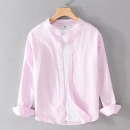 Casual shirts van heren katoenen linnen casual shirts voor mannen lange mouw stand kraag button up shirt zomers tops mannelijke roze reguliere kleding 230314