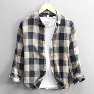 Chemises décontractées pour hommes Chemise à carreaux en coton et lin pour l'automne à manches longues Camisas Y Blusas Hombre boutonné à carreaux 5XL Style japonais
