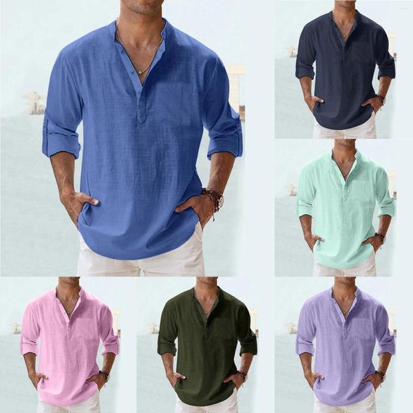Chemises décontractées pour hommes Coton Lin pour hommes légers à manches longues Beach Hawaiian T Camisas Hombre